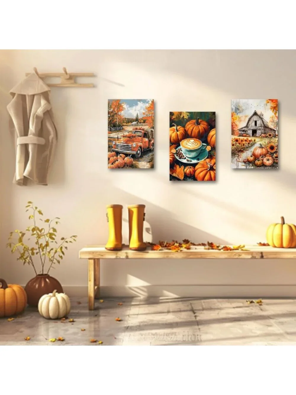 Autumn Harvest Pumpkin Wall Art Set - 3 Piece Fall Canvas Decor for Kitchen